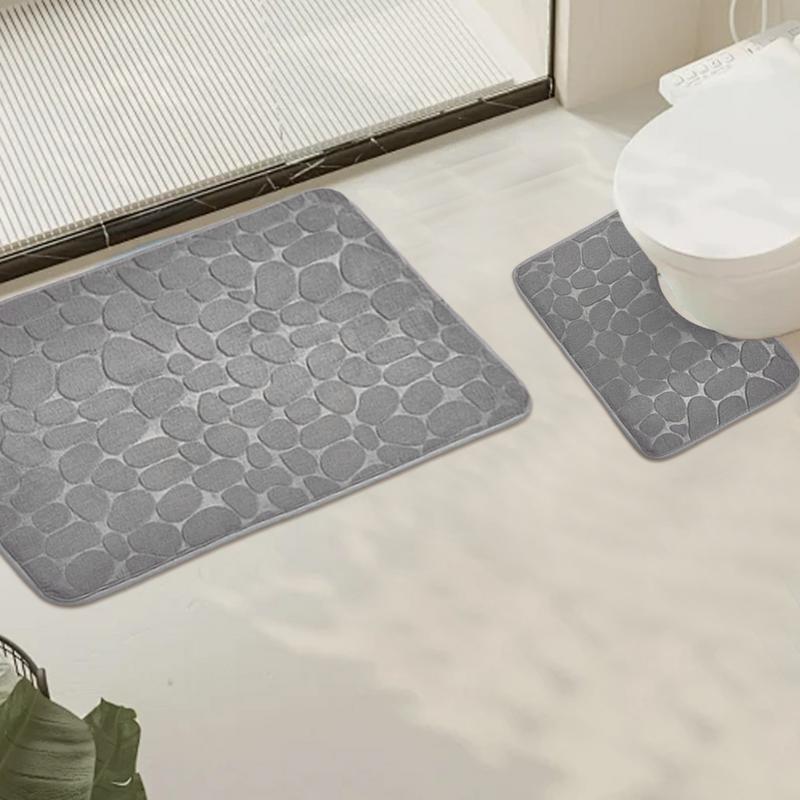 Non-Slip 50*80cm Bath Mat and 50*40cm Toilet Mat Bathroom Rug Set Soft Bath Mat with Cobblestone Pattern Washable Bath Mats