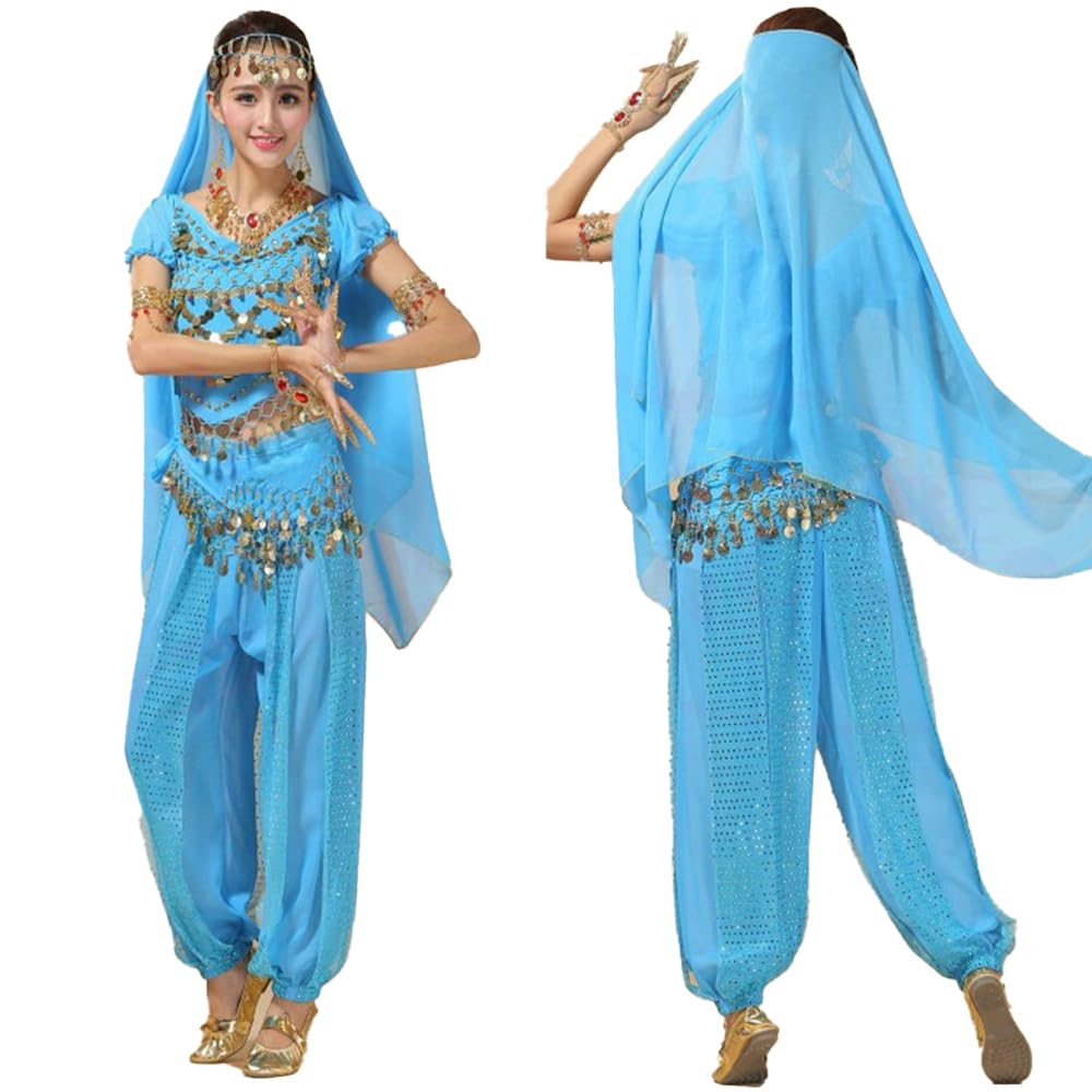 

KISSOS Костюм для косплея Аладдина для танца живота, набор из 4 предметов (Светло-синий), Идеально для Хэллоуина, мероприятий, вечеринок и развлечений