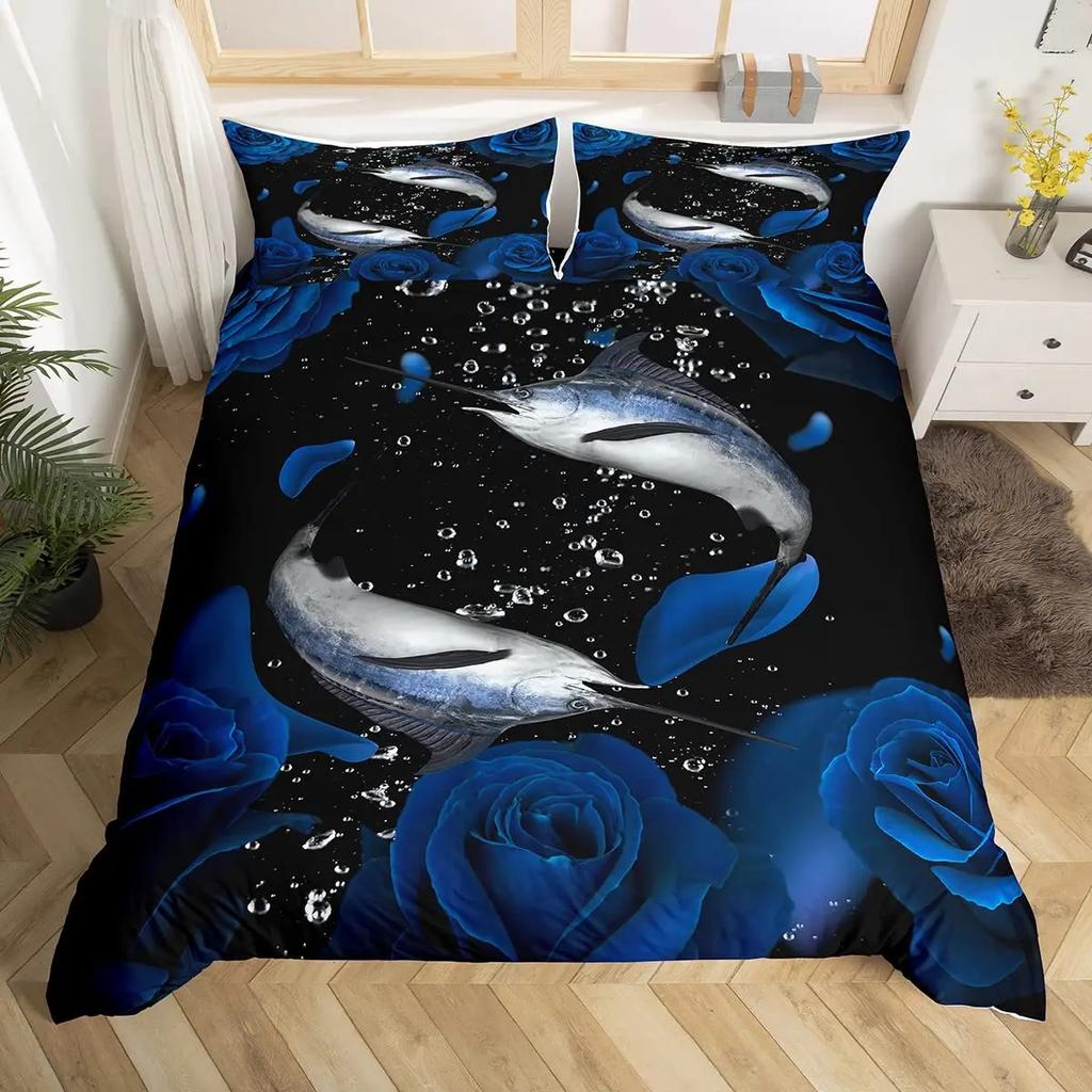 Rose Soft Duvet Cover Set, Rose From Blue Flame Print,Valentine's Day Soft Duvet Cover Set, Warm Comforter Cover Floral Beding Set,Pilowcase