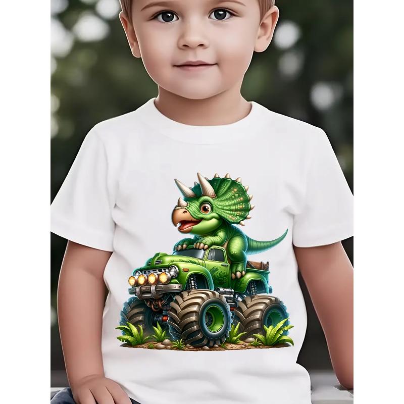 Boys Summer Crewneck Tee, Cartoon Triceratops & Monster Truck Print 110