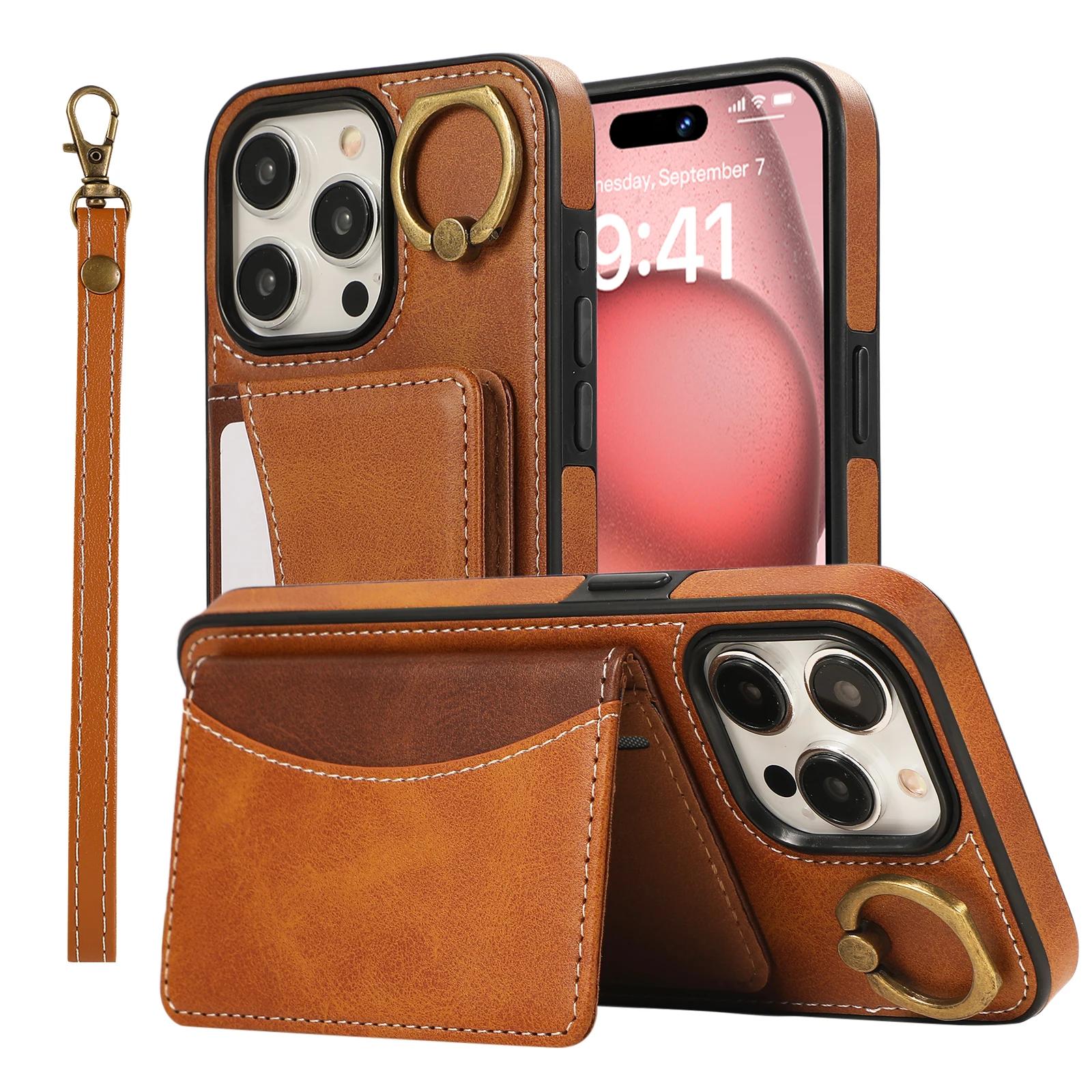 

Cards Bag Ring Holder Leather Wallet Case For iPhone 15 16 Pro Max 14 Plus 13 12 11 XS XR SE 2022 Stand Strap Solt Purse Cover For iPhone 16ProMax коричневый