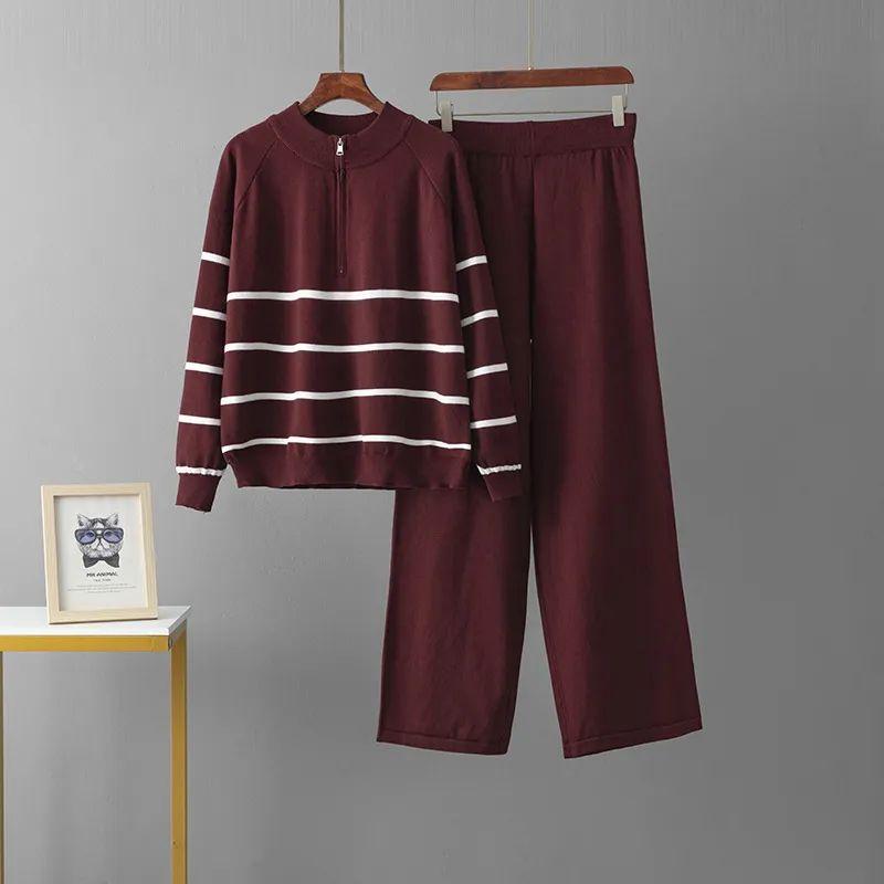 Half Zipper Sweater Pants with A Complete Set Fashion Set Stripe 2024 Autumn and Winter Western Style Loose Two-piece Set Women