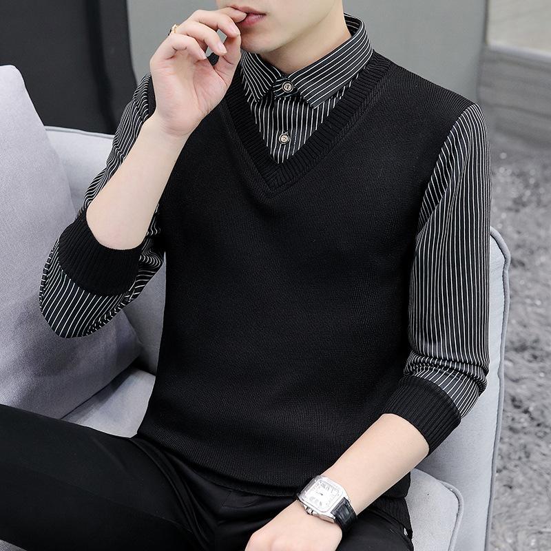 Fake Two-piece Sweater Men's Black Spring Autumn Season New Casual Fashion Shirt Collar Striped Plaid Bottoming Shirt Top