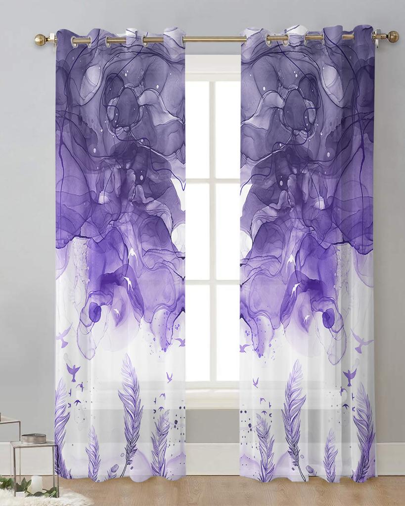 Cortinas transparentes de aquarela de penas roxas para decoração de sala de estar Cortinas de janela para cozinha Cortinas de tule voile de organza