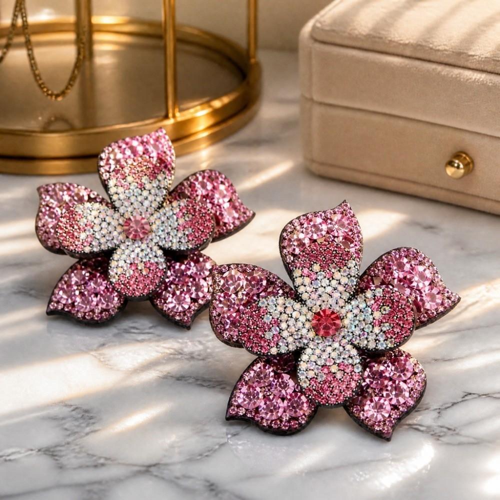 2PCS Pink Rhinestone Hair Clip DIY Accessory Camellia Lapel Pin For Women