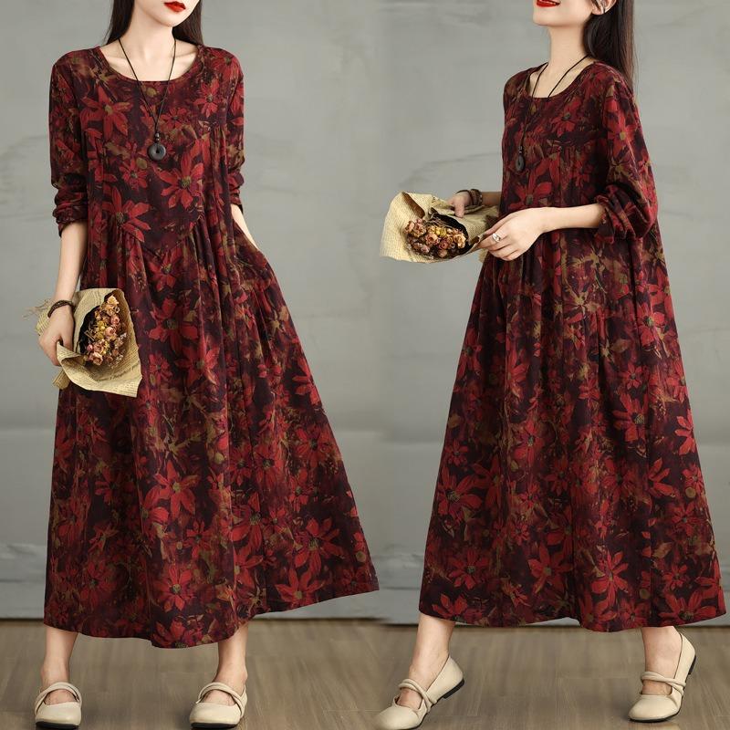 Real Autumn New Retro Loose Large Size Splicing Cotton and Linen Printing Round Neck Long Sleeve Dress Women's Long Dress