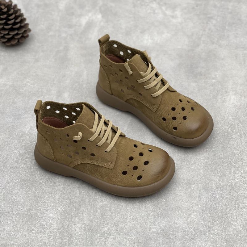 

Johnature Ретро Ботинки с вырезами из натуральной кожи Круглый носок На плоской подошве На резинке Шнуровка Мягкая коровья кожа Женские сандалии 39 хаки