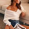 V-neck Pullover Women Sweater Loose Sweater Fashion Casual Autumn And Winter Long-sleeve Off Shoulder Solid Shirt Elegant 28468