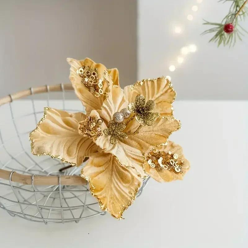 2025 Christmas High-end Flannelette Simulation Flower 28cm Golden Champagne Christmas Tree Decoration Flower Arrangement