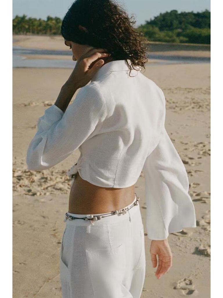 Spring 2025 Buckle Accent Ramie Top and Pleated Pants Set