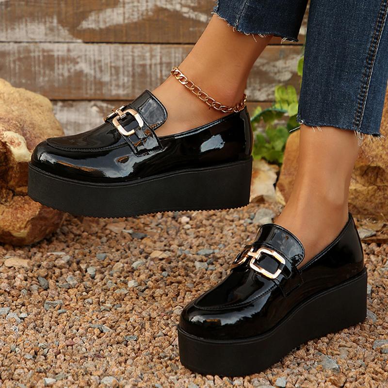 Fashion Black Chunky Wedges Loafers Shoes for Women Fashion Metal Chain Slip On Platform Shoes Woman Plus Size Patent Leather Shoes 43