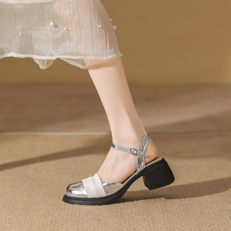 Sandals women's summer new bag head silver mesh thick heel empty Mary Jane single shoes women