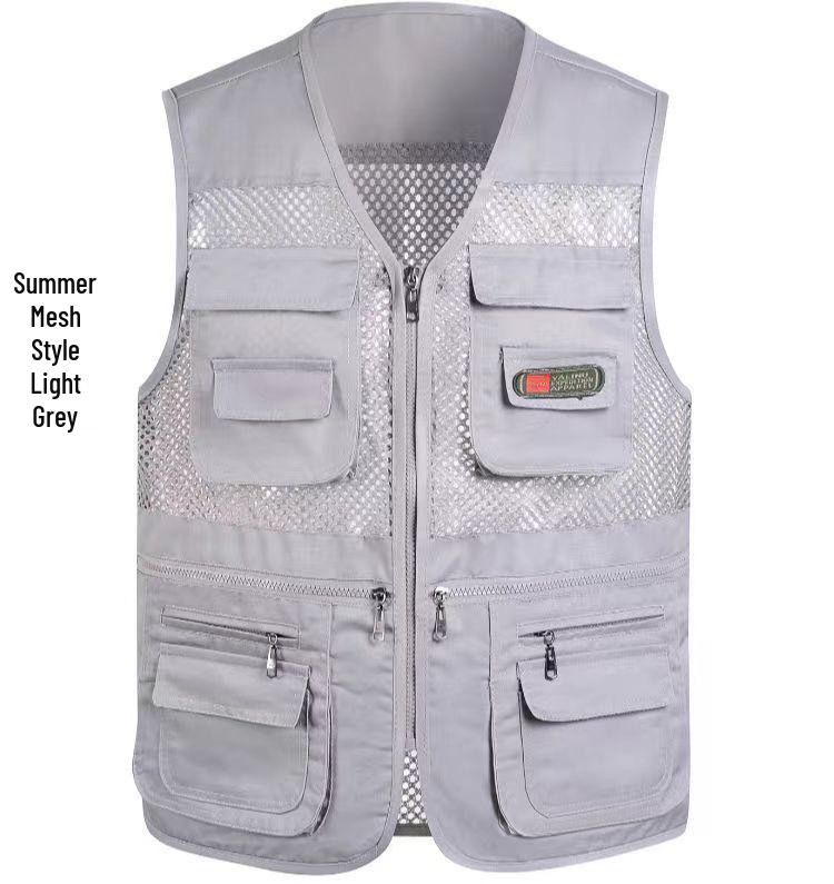 

Men s Summer Mesh Multi-Pocket Sleeveless Vest - Outdoor Photography & Fishing Jacket for Middle-Aged & Elderly 3XL светло-серый