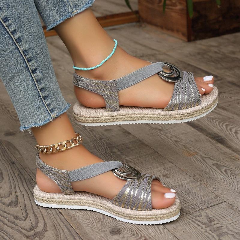 Women's Sandals Metal Buckle Decoration Hemp Rope Platform Light Bottom Beach Sandals Women
