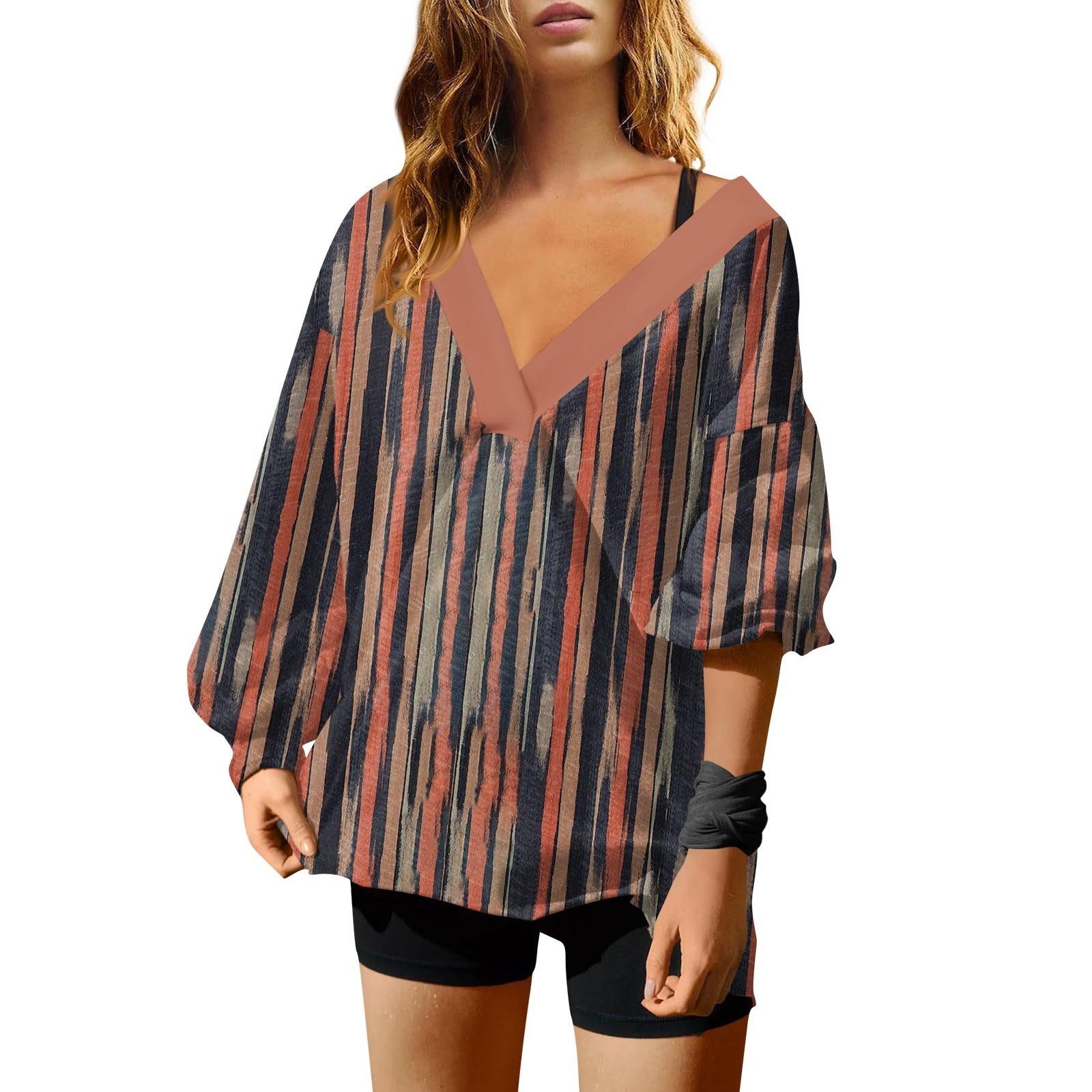 

Женская мода ретро принтованный V-образный вырез длинный рукав свободный пуловер свитшот топ XL красный