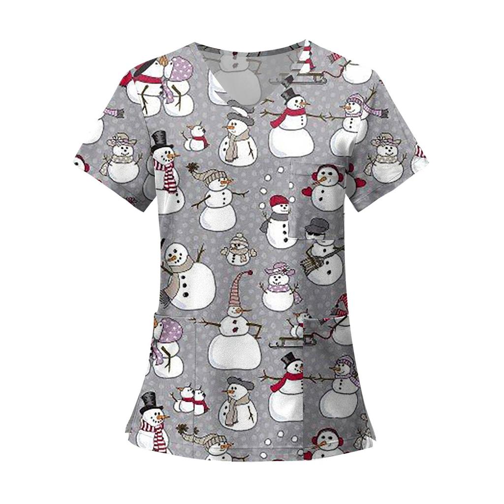 Women's Fashion Printed Short Sleeve V Neck Pattern Tops Pocket Working T-shirts