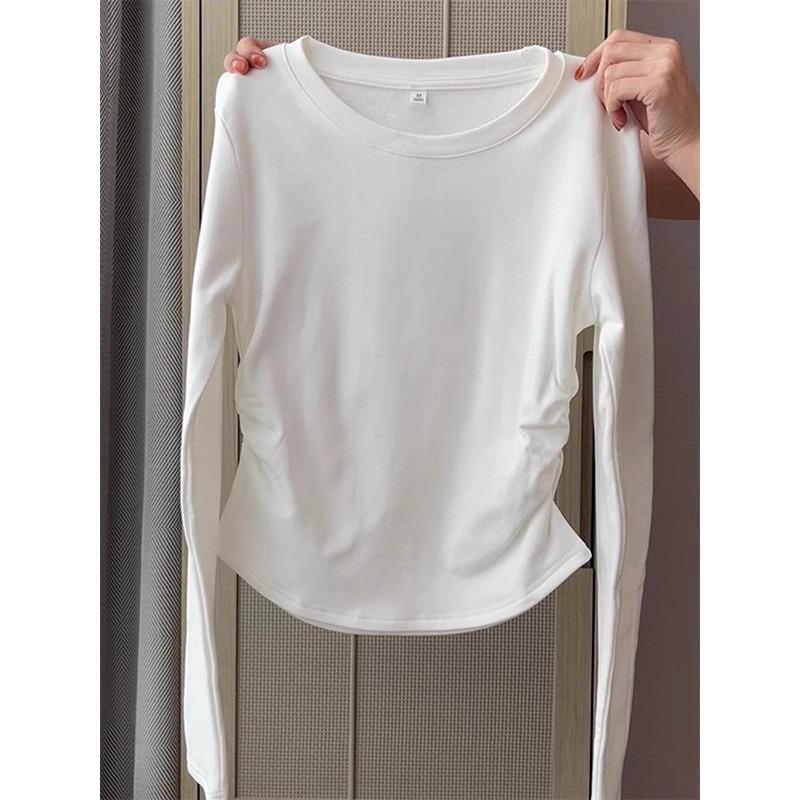 Crew neck front shoulder bottoming shirt women's waist pleated top spring irregular inner design long-sleeved shirt