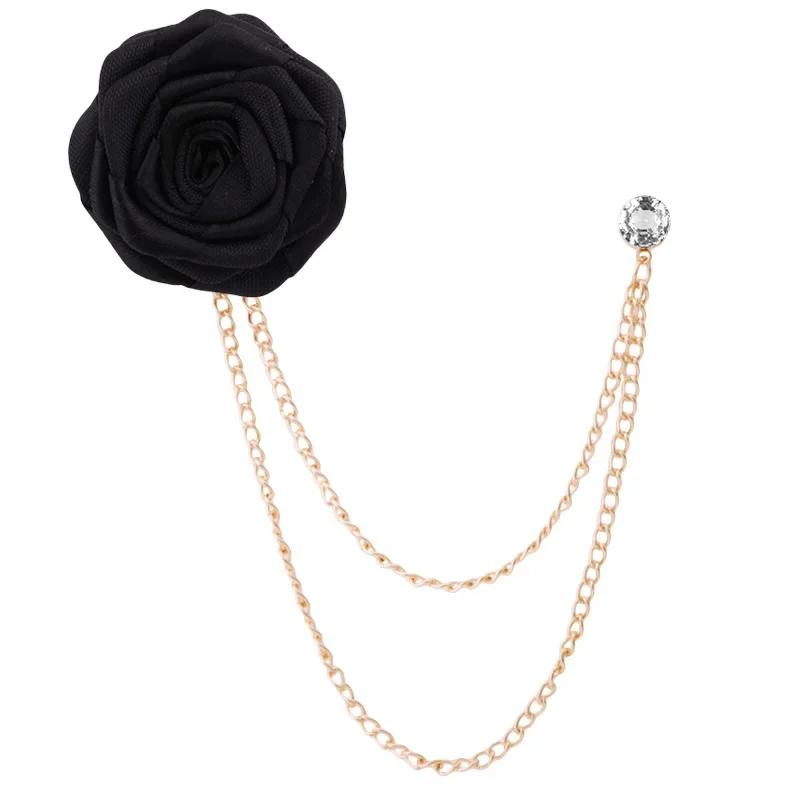 

Korean Style Groom Wedding Brooch Handmade Cloth Rose Flower Lapel Pin with Tassel Chain Men s Suit Accessories чёрный