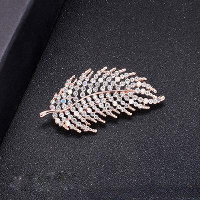 Leaf Feather Rhinestone Brooch Lady's High-end and Elegant Brooch Fixed Sweater Pin Pearl Jewelry