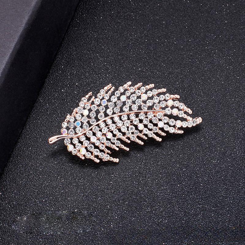 Leaf Feather Rhinestone Brooch Lady's High-end and Elegant Brooch Fixed Sweater Pin Pearl Jewelry