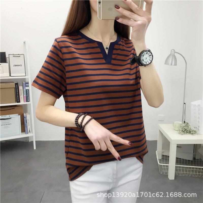 Striped Short-sleeved Women's Plus Size Loose Half-sleeved Body-hugging Pure Cotton Casual Top