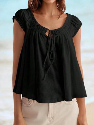 Womens Summer Tie Front Babydoll Top Cap Sleeve Pleated Flowy Blouse