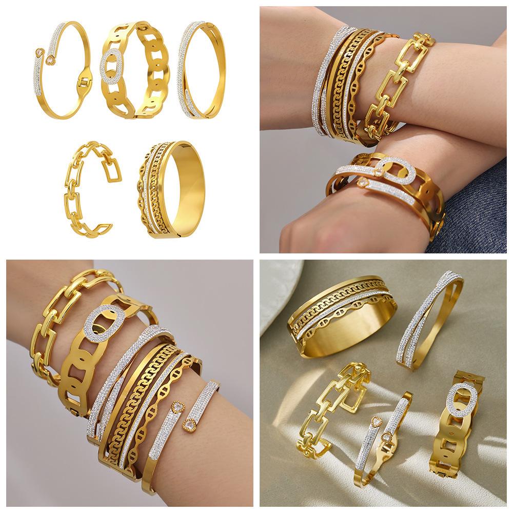 18k Gold Plated Stainless Steel Zircon Geometric Bracelet with Openable NK Chain, Super Shiny Light Luxury Style.