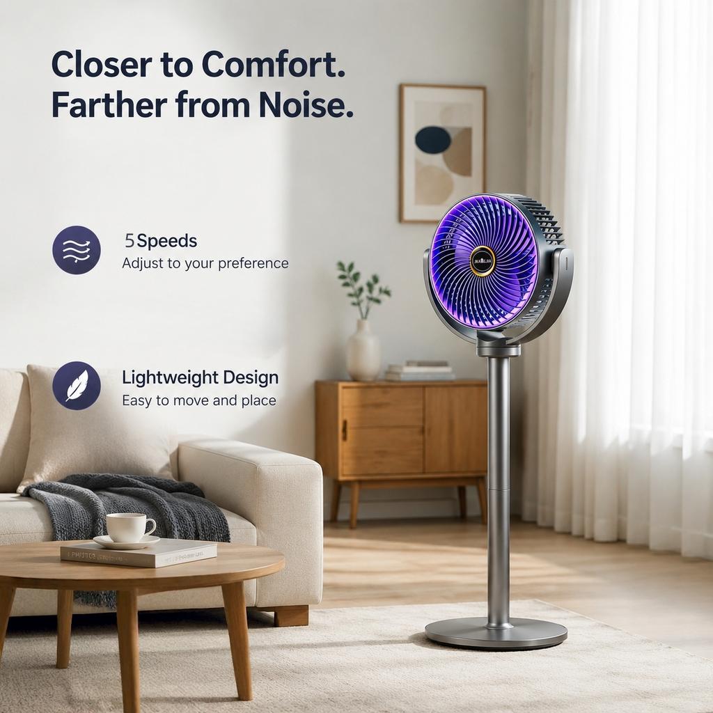 Ventilatore Circolatore d'Aria Moderno 3-in-1 5 Velocità 4 Altezze Silenzioso Portatile Ventilatore a Pedistallo USB-C per Casa Camera da Letto Ufficio Camper Campeggio