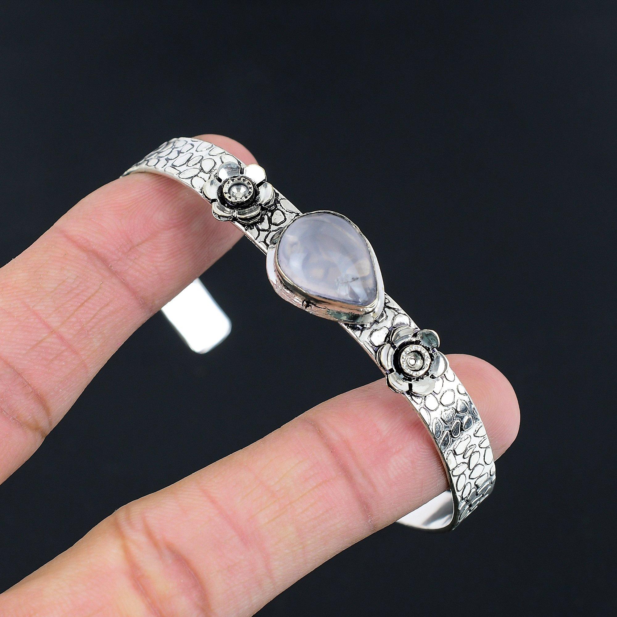 Натуральный Розовый Кварц Серебро 925 Пробы Жена Цветок Сердечная Чакр Браслет Adjustable