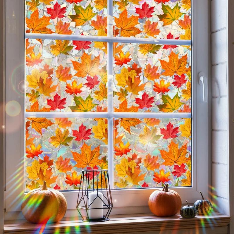 New Pattern Autumn Harvest Pumpkin Leaves and Squirrel Background Wall Decal Double-Sided Printed Window Glass Display Sticker