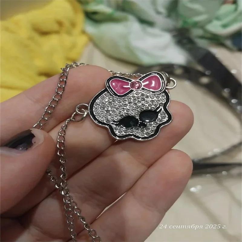 Accessories Pink Bowknot Rhinestone Skull Necklace for Women Fashion Gothic Bone Link Charm Pendant Harajuku Jewelry