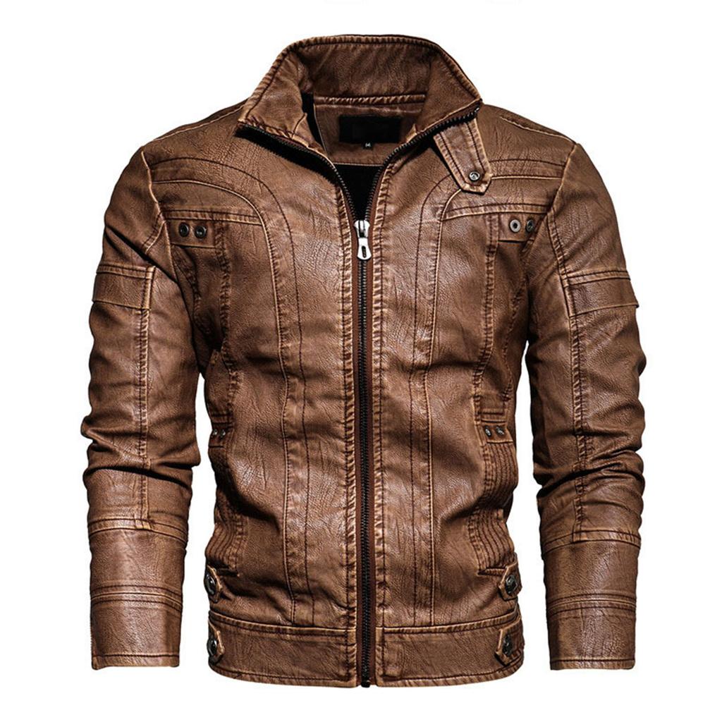 Men's Solid Color Stand Collar PU Leather Top Retro Casual Motorcycle Jacket