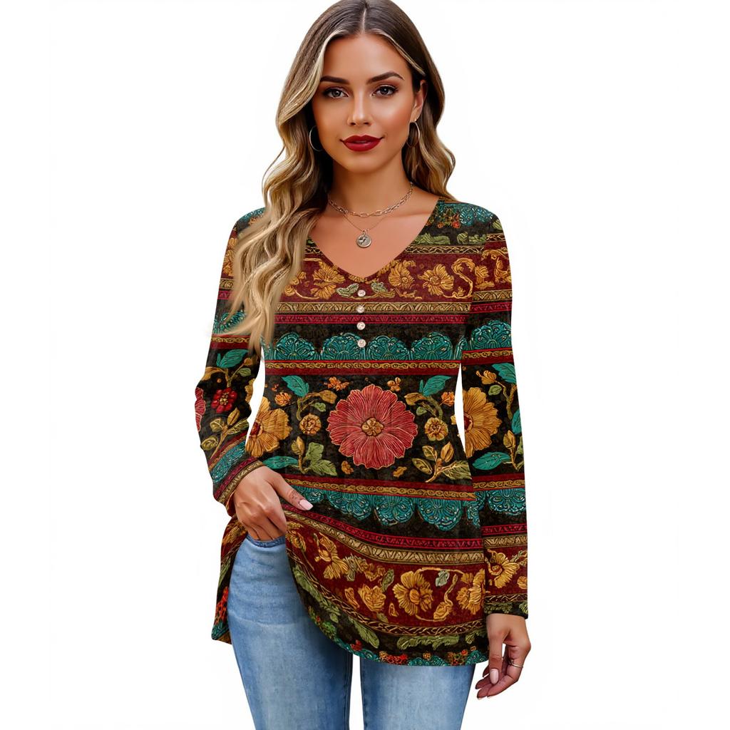 Camicia da donna casual a maniche lunghe a tinta unita da donna con scollo a V