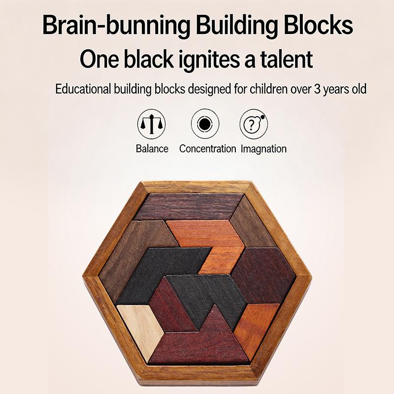 Hexagon Tangram Puzzle Wooden Jigsaw 7 Pieces for Children and Adults Challenging Brain Training Logic Toy Home Play