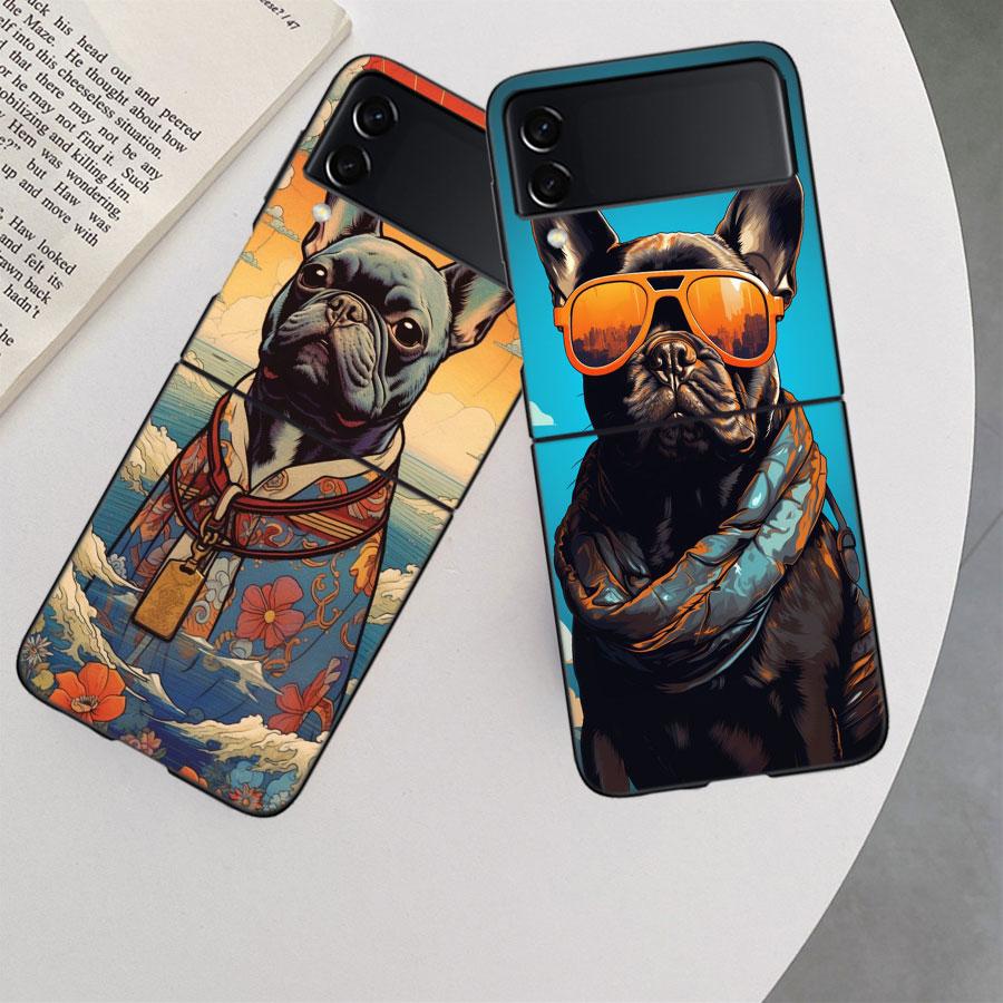 Französische Bulldogge Hund Mops Hülle Für Samsung Z Flip 6 5G Galaxy Z Flip 5 4 3 5G Schwarze Harte Handyhülle Luxuriöse PC Schale Coque