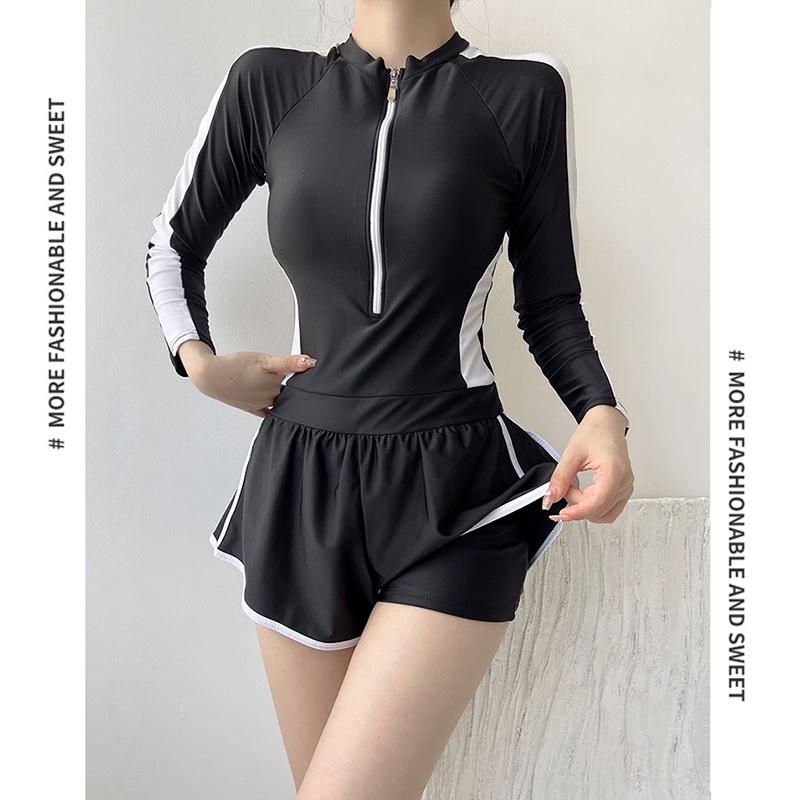 Conservative Long Sleeve Swimwear: Slimming Tummy Control Boyleg One-Piece for Female Students