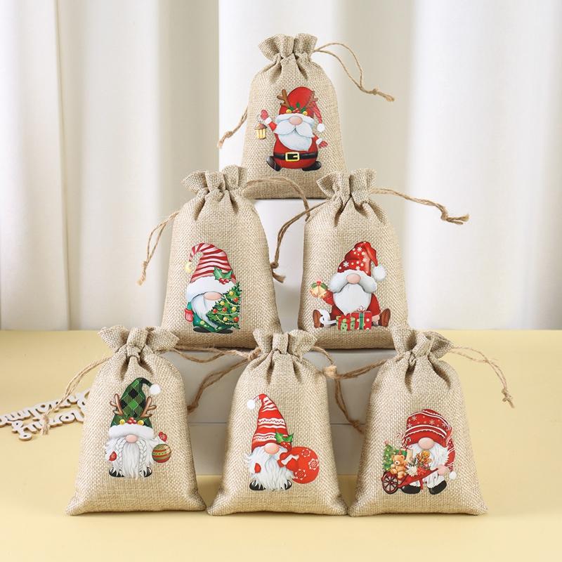 6pcs Linen Cotton Gifts Candy Bag Merry Christmas Decor For Home 2026 Xmas Navidad Natal Noel Gifts New Year 2026 Packing Bag