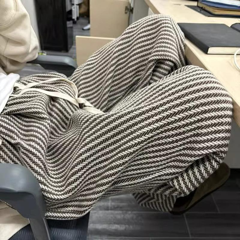 150 Petite Drawstring Woolen Striped Wide Leg Pants for Women - Spring/Autumn, Floor-Length, Straight Leg, Loose Fit