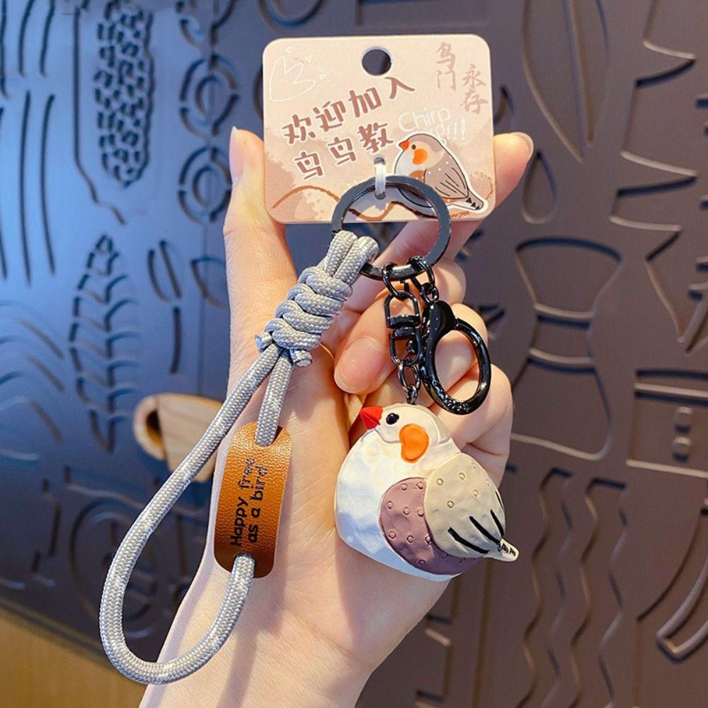 Cartoon Animal Key Ring Kawaii Pearl Bird Keychain Unique Imitation Wood Carving Keychain  Kids