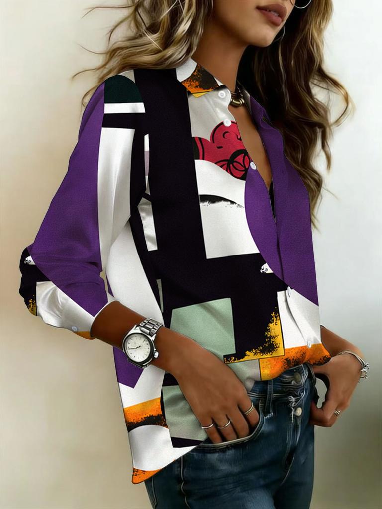 Women's Retro Abstract Print Satin Blouse with Button Collar. Suitable for Individualized Outfits. Full Print Design, Suitable for All Seasons.