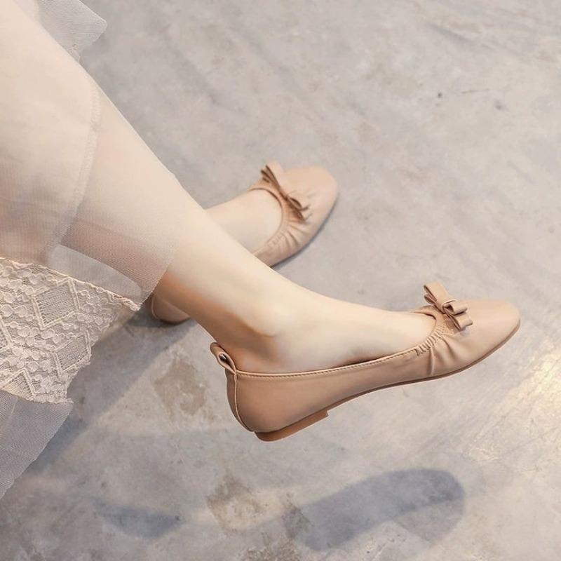 Weiches Leder weiche Sohle Doudou Schuhe Damen Herbst neu Schleife mit Rock flacher Boden flacher Ausschnitt ein Pedal Damenschuhe