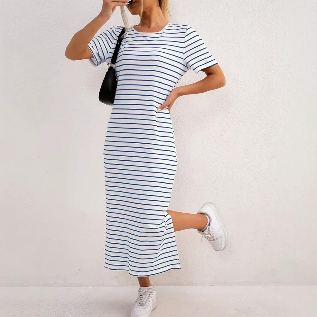 Spring and summer new split design women's fashion striped dress