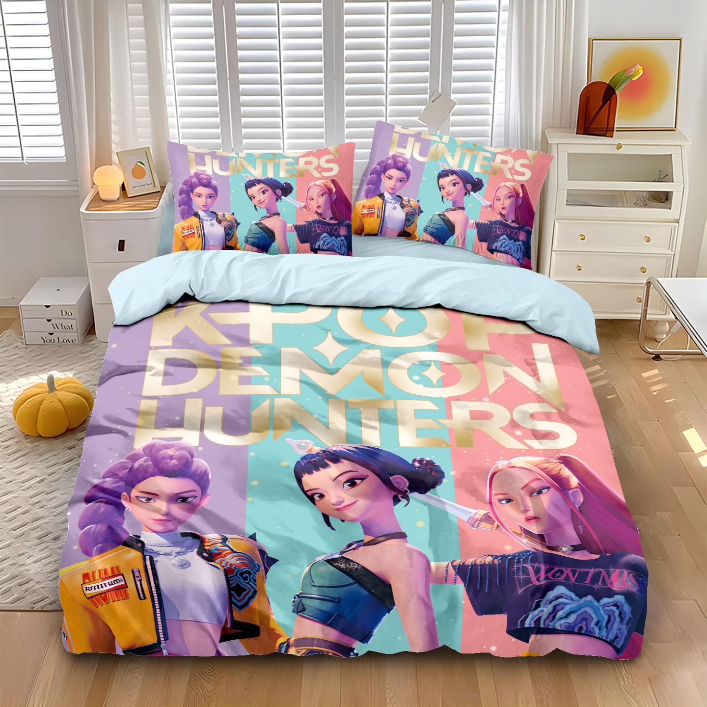 

Комплект постельного белья K-Pop с Руми, тематика «Охотники на демонов», двусторонняя цветная печать, полиэстер, простыня, пододеяльник, подарок для ребенка AU Queen(210x210cm)