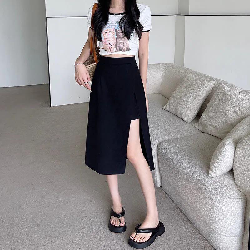 

New Summer High Waist Slimming A-line Midi Skirt with Hip-Covering Slit Plus 3X Large чёрный