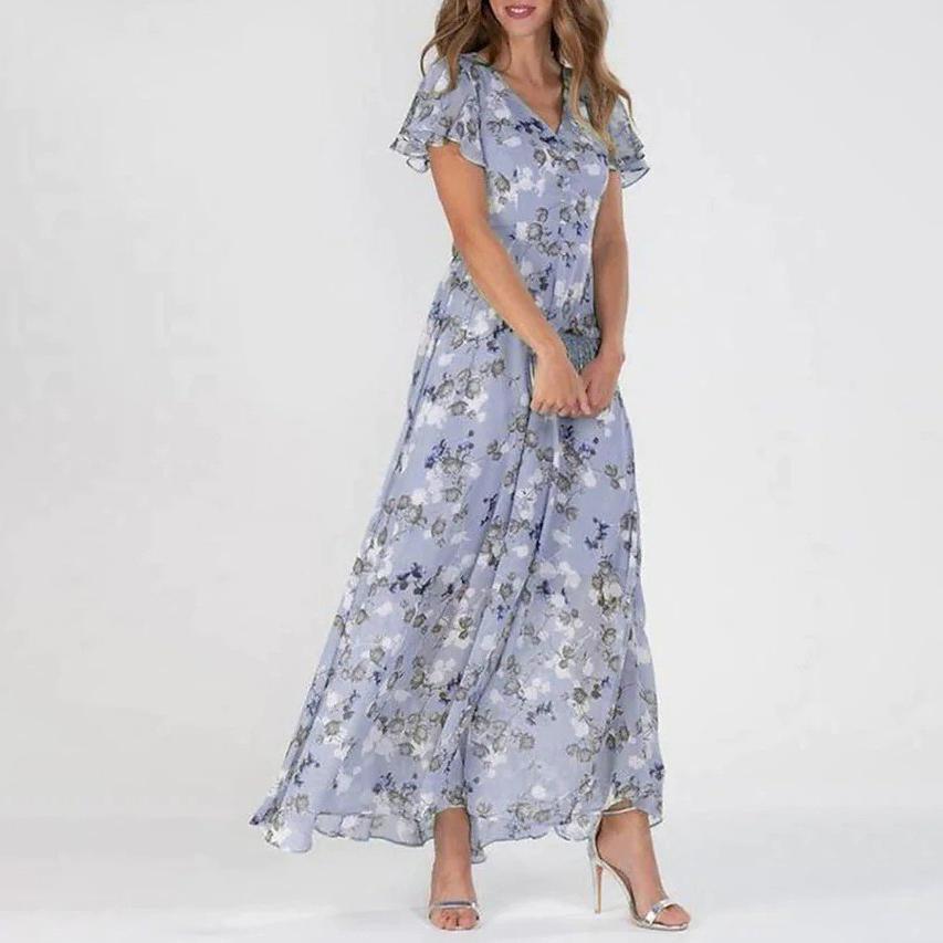 Women Beach Elegant Flower Long Dress Casual Ruffle Short Sleeve V-Neck Lace-up Party Dresses Boho Style High Waist Dress Female
