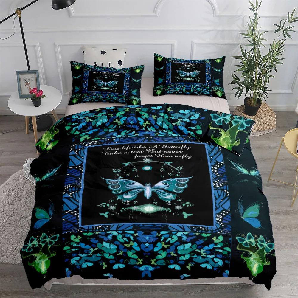 3pcs Neon Butterfly Girl Duvet Cover Set EU Single Double King US Twin Full Queen Size  Bed Linen Set Washed Cotton Duvet Cover