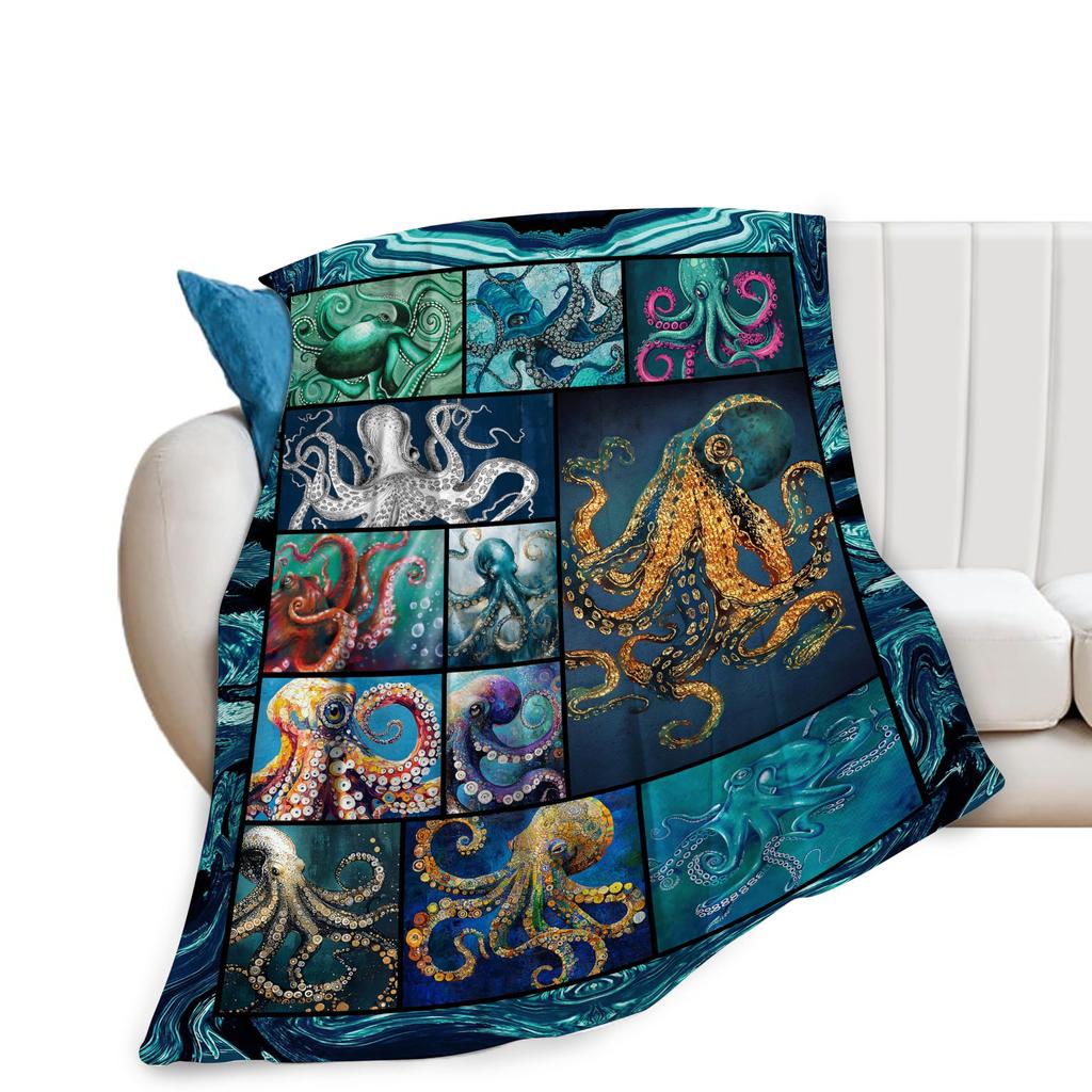 Ocean Octopus Flannel Fleece Blanket 50"x60" Soft Cozy Warm Plush Throw for Kids Adults Home Travel Decor Gift