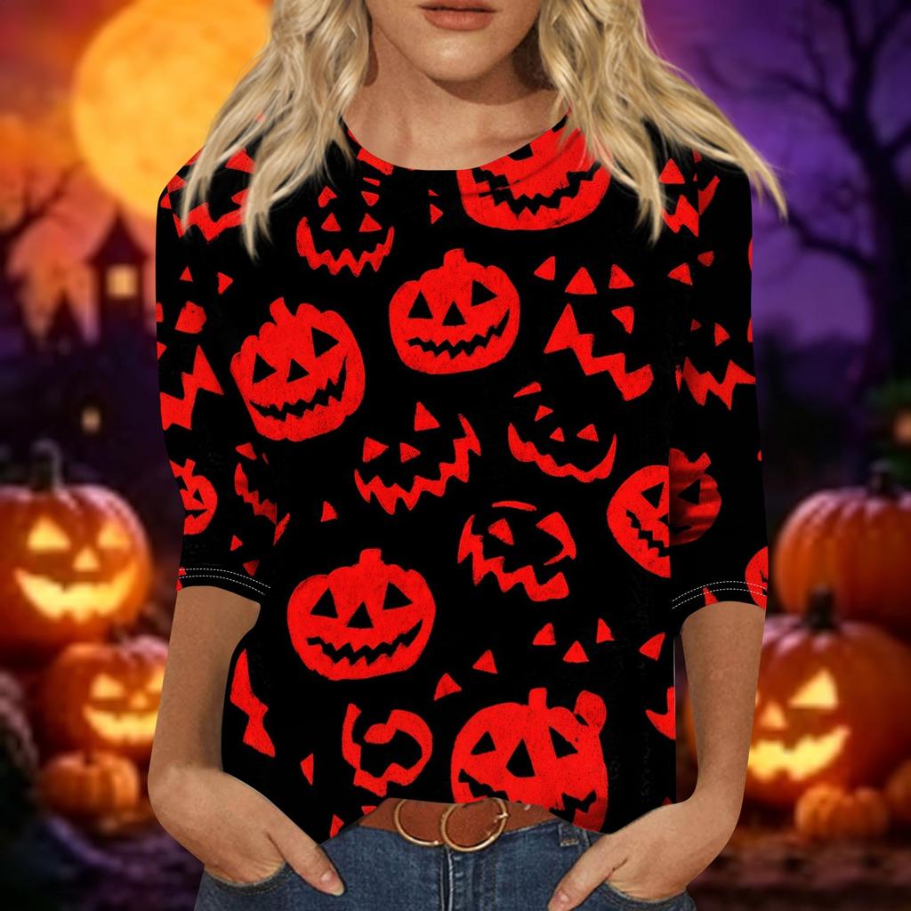 Women's Casual 3/4 Sleeve Crew Neck Top Halloween Themed Print Lightweight Pullover Blouse for Everyday Wear