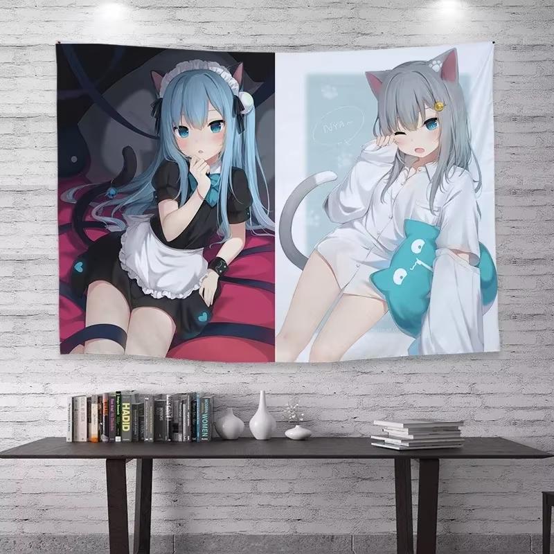Bohemian Cartoon Anime Girl Tapestry Cat Ear Design Wall Background Cloth for Dormitory Bedroom Home Decor Gift