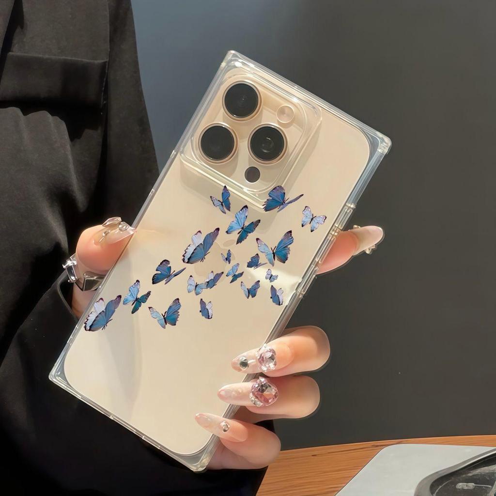 Transparent Square Back Tube Case Casing Protection For iPhone 13 12 11 16 ProMax 14 Pro Max 15 Plus Anti-Oxygen,Blue Butterfly Pattern